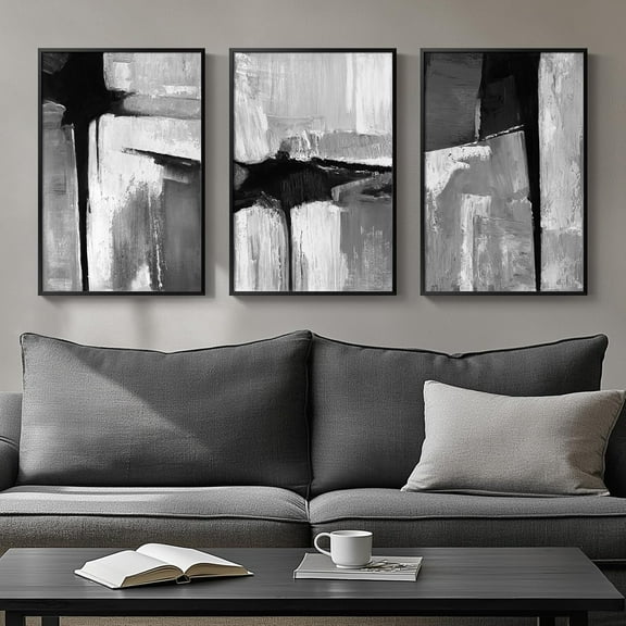 Framed Black and White Abstract Wall Art, 3 Piece Canvas Prints Paintings Artwork for Walls, Modern Minimalist Gold Beige Block Pictures for Living Room Hallway Office Wall Decor 16x24 Inch