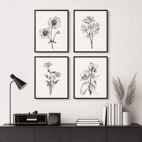 Framed Black And White Flwall Art For Bedroom 4 Piece Vintbotanical Canvastings Artwork Modern Farmhouse Minimalist Flower Pictures Living Room Kitchen Bathroom Decor