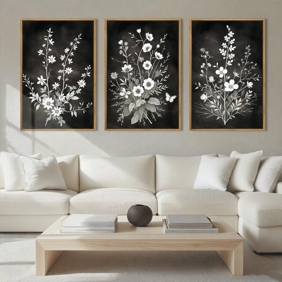 Framed Black and White Floral Wall Art Set of 3 Botanical Wall Decor Flower Painting for Living Room Bedroom Office 16x24 Inches