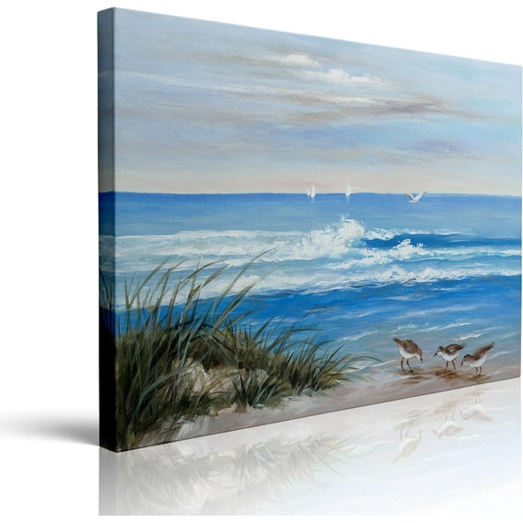 Framed Blue Coastal Beach Seagull Bird Paintings Trendy Calming Tropical Ocean Beachy Cool Canvas Wall Art For Living Room Elegant Botanical Bathroom Wall Decor Prints Ready To Hang(12''''x16'''')