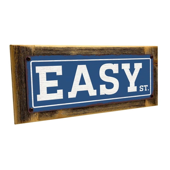 Framed Blue Easy St. 4"x12" Metal Sign, Wall Décor for Mancave, Den, and Gameroom