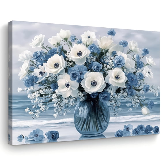Framed Blue and White Floral Canvas Wall Art – Coastal Bouquet in Glass Vase for Modern Home Decor