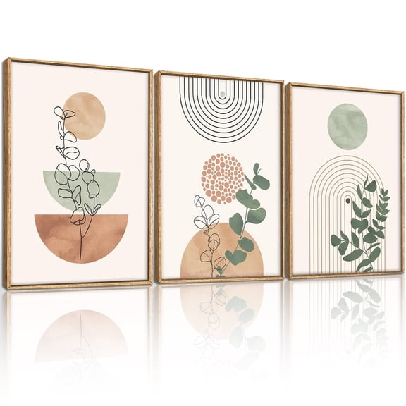 Framed Boho Botanical Wall Art Abstract Bohemian Canvas Wall Decor Mid Century Modern Geometric Wall Painting Neutral Green Plant Art Print Set of 3 for Living Room Bedroom Office 16"x24"