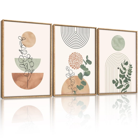 Framed Boho Botanical Wall Art Abstract Bohemian Canvas Wall Decor Mid Century Modern Geometric Wall Painting Neutral Green Plant Art Print Set of 3 for Living Room Bedroom Office 16"x24"