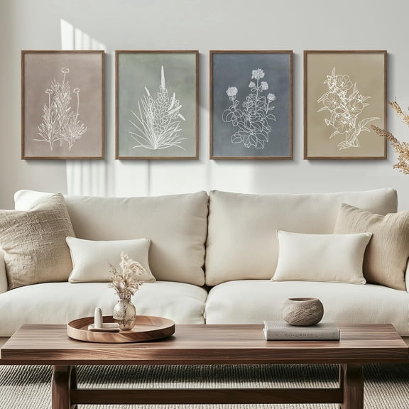 Framed Boho Botanical Wall Art for Living Room, 4 Piece Rustic Floral Canvas Painting Prints, Vintage Minimalist Neutral Flower Artwork for Modern Farmhouse Bedroom Dining Room Office Wall Decor