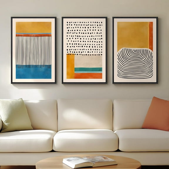 Framed Boho Canvas Wall Art, Set of 3 Abstract Geometric Art Prints, Boho Wall Hanging Pictures for Living Room, Bedroom, Office Wall Decor, 16x24 Inch