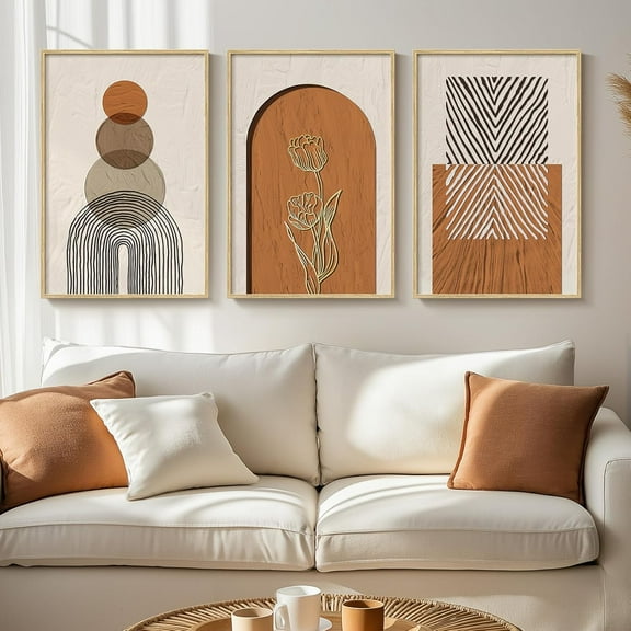 Framed Boho Canvas Wall Art, Set of 3 Abstract Geometric Art Prints, Boho Wall Hanging Pictures for Living Room, Bedroom, Office Wall Decor, 16x24 Inch