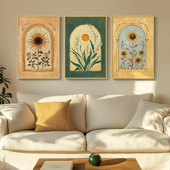 Framed Boho Canvas Wall Art, Set of 3 Abstract Geometric Art Prints, Boho Wall Hanging Pictures for Living Room, Bedroom, Office Wall Decor, 16x24 Inch