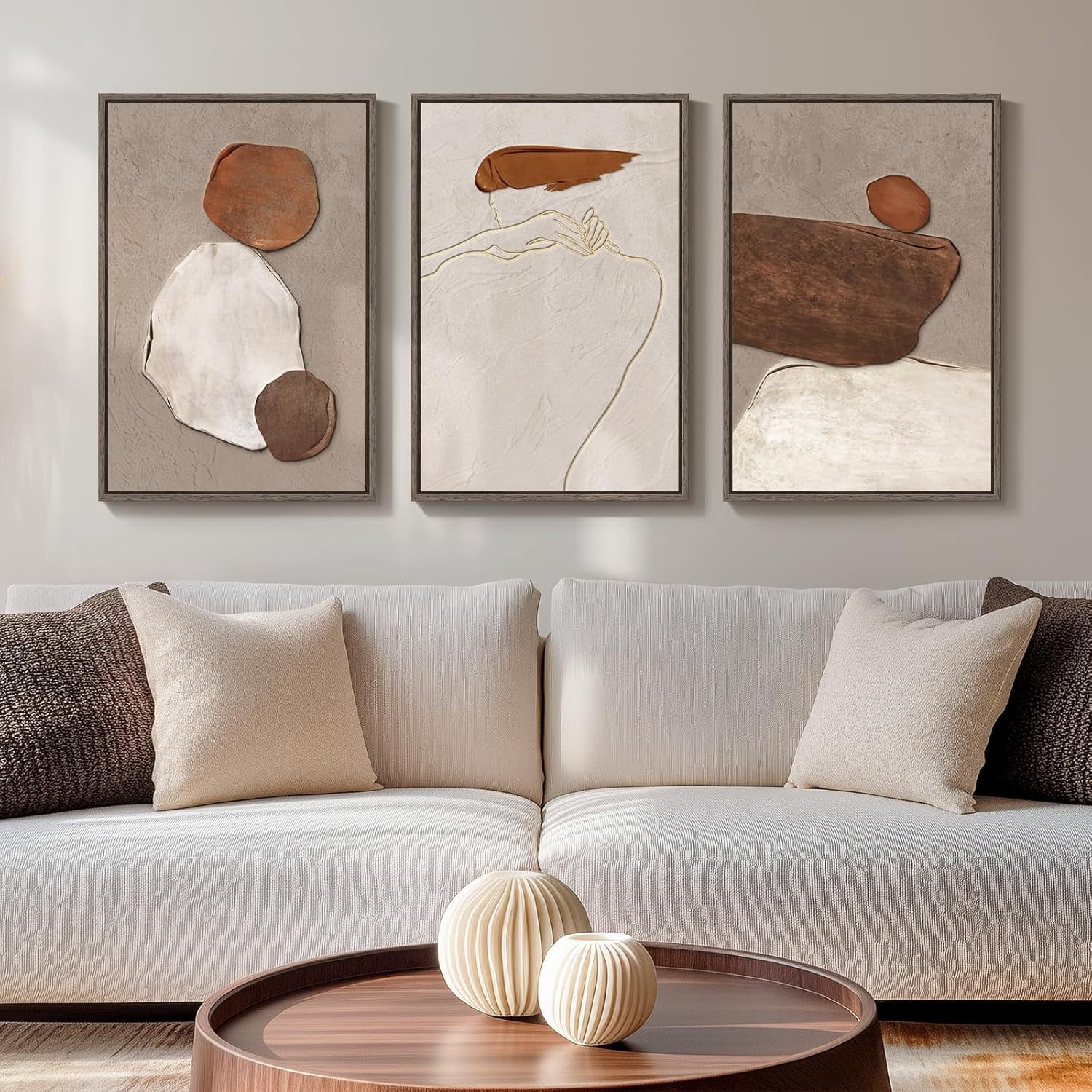 Framed Boho Neutral Abstract Wall Art, 3 Piece Canvas Prints Paintings ...