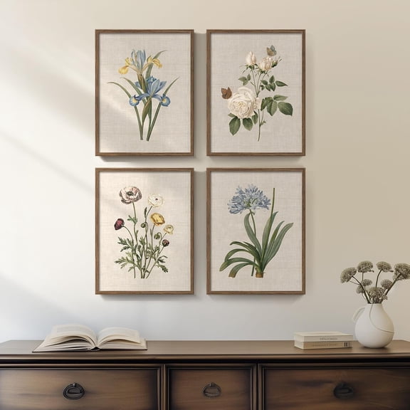 Framed Boho Vintage Botanical Wall Art, 4 Piece Black and White Floral Canvas Prints for Modern Farmhouse Bathroom, Natural Rustic Flower Artwork for Bedroom Kitchen Hallway Wall Decor, 11x14