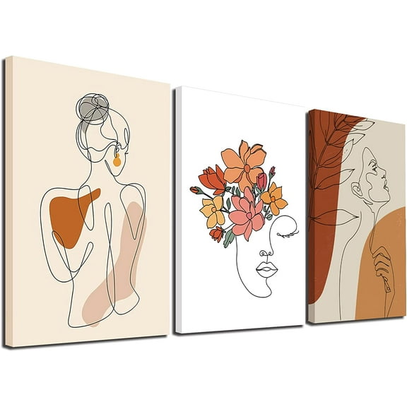 Framed Boho Wall Art Decor Set Of 3 , Mid Century Modern Wall Decor Art Prints ,Woman Face Line Drawing Minimalist Boho Wall Art ,Abstract Geometric Wall Art Decor Framed for Bedroom Living