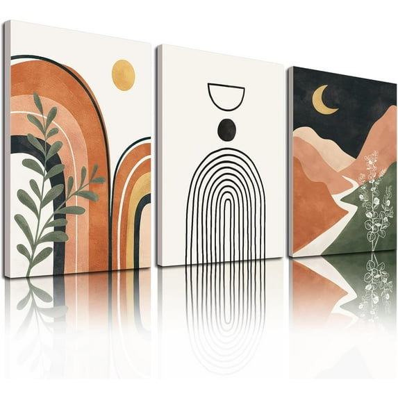 Framed Boho Wall Art Set of 3, 12x16in, Mid-Century Modern Wall Art Decor, Neutral Geometric Canvas Artwork Wall Art Posters for Living Room, Bedroom, Bathroom, Gallery, Boho Room Decor