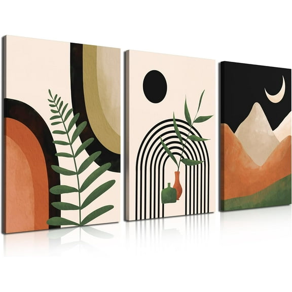 Framed Boho Wall Art Set of 3, Mid Century Modern Decor, Minimalist Black Beige Botanical Bathroom Wall Art 12" x 16" Canvas Prints Ready To Hang for Bedroom Living Room