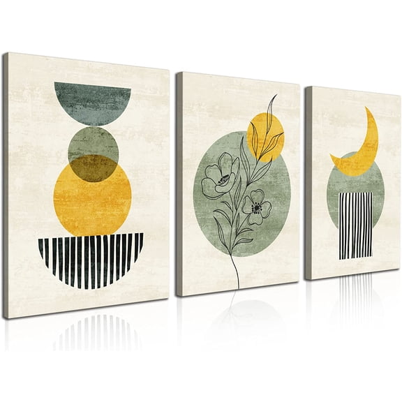 Framed Boho Wall Art Set of 3 Mid Century Modern Decor Minimalist Sage Green Beige Botanical Boho Bathroom Decor Wall Art Canvas Prints Ready To Hang for Bedroom Living Room 12x16 Inch