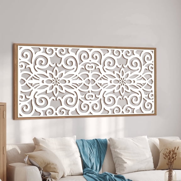 Framed Boho Wooden Wall Art 16X32 Inch Mandala Wood Wall Decor White Flowers Artwork for Bedroom Living Room Decor