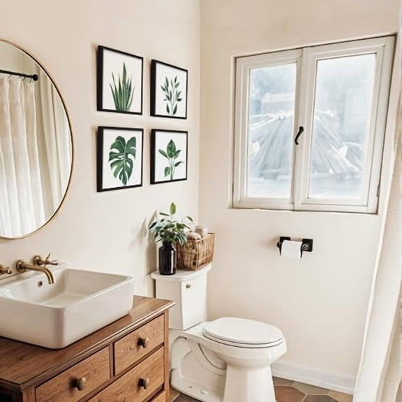 Framed Botanical Bathroom Wall Art Decor, 8x8 Inch 4 Pack Acrylic Sage Green Prints Set, for Spa & Farmhouse Decor for Bath, Restroom, Bedroom, Office Minimalist Decoration (Black)