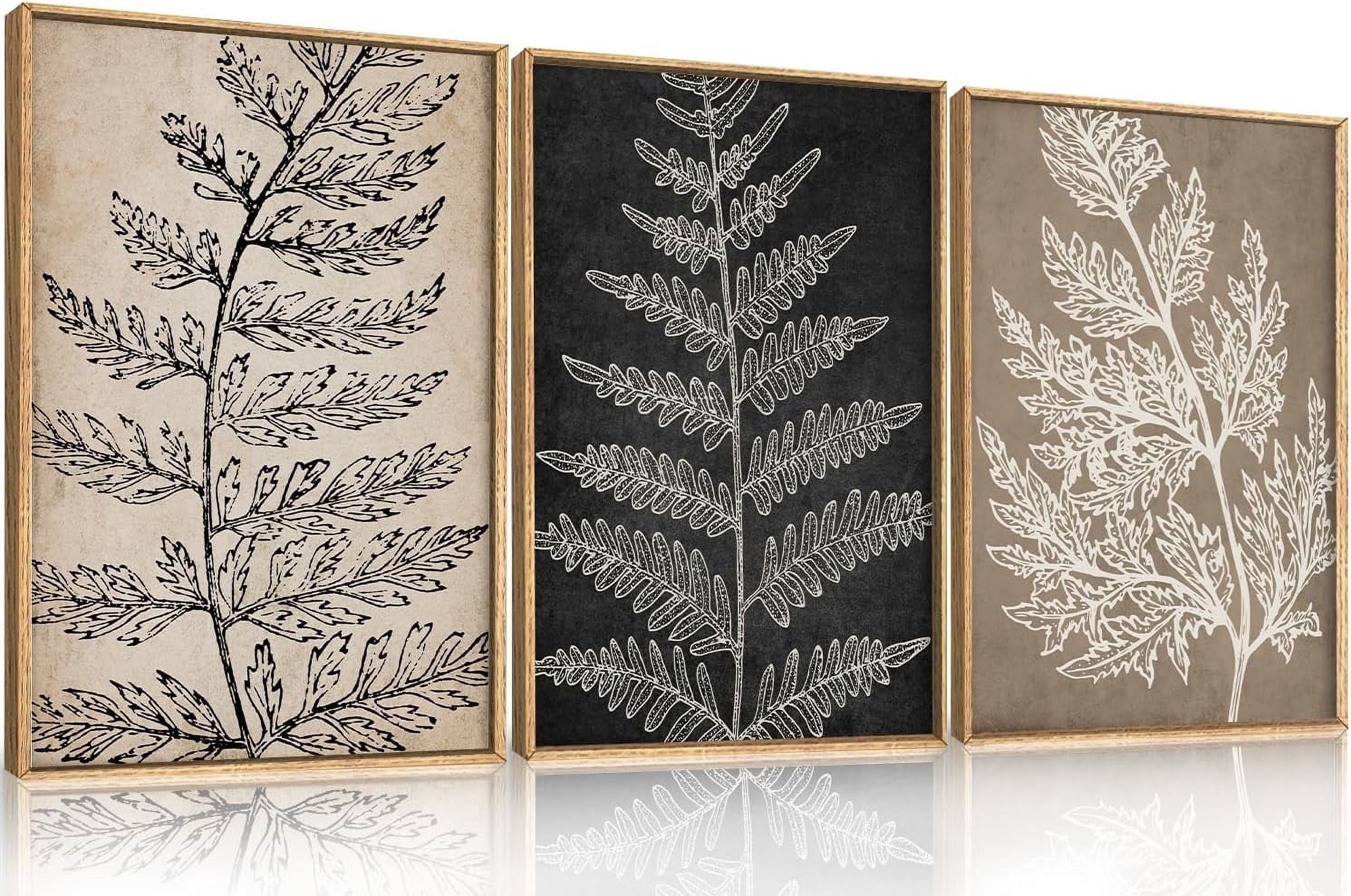 Framed Botanical Wall Art Set, Black Tan Canvas Plant Wall Decor, Minimalist Wall Painting, Abstact Modern Fern Leaf Artwork for Living Room, Bedroom, Farmhouse, Dinning Room, Office-16 x24 x3