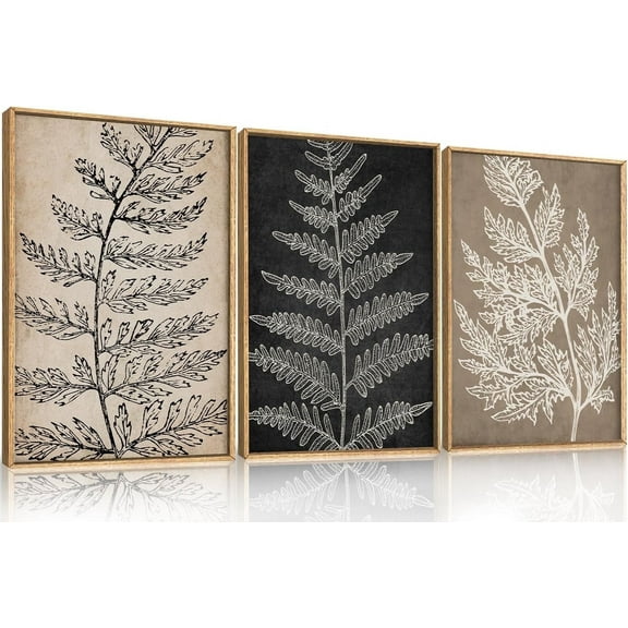 Framed Botanical Wall Art Set, Black Tan Canvas Plant Wall Decor, Minimalist Wall Painting, Abstact Modern Fern Leaf Artwork for Living Room, Bedroom, Farmhouse, Dinning Room, Office-16 x24 x3