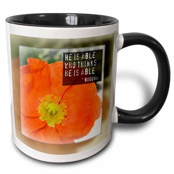 3drose, Framed Buddha He Is Able Poppy Flower Inspirational Quotes, 11oz Two-tone Black Mug