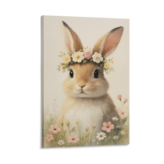 Framed Bunny Pictures Wall Art Vintage Rabbit Floral Crown Canvas Painting Easter Cute Animal Poster,Ready To Hang Poster