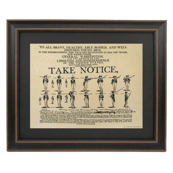 Framed Call to Arms Poster Under General Washington. Replica Prints by Patriot Gear Company
