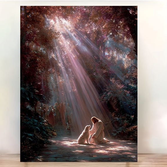 Framed Canvas Artwork Featuring a Serene Forest Path And a Lamb, Designed for Christian Spaces Like Churches And Prayer Rooms. This Inspirational Piece Includes a Verse from Matthew 9:13