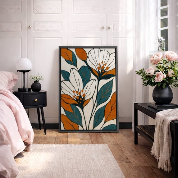 Framed Canvas Print Abstract Floral Wall Art Boho Botanical Decorative for Living Room Bedroom - 16"x24" BLACK