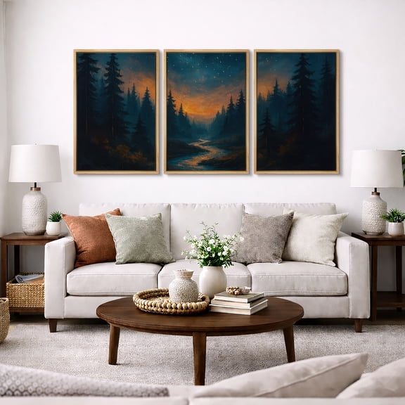 Framed Canvas Print Abstract Forest Wall Art Set of 3 Modern Decorative for Living Room Bedroom - 24"x36"x3 NATURAL