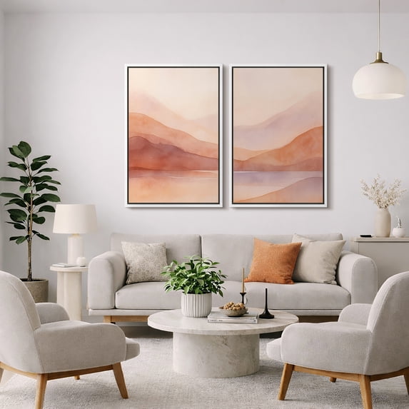 Framed Canvas Print Abstract Landscape Wall Art Set of 2 Pink Modern Decorative for Living Room Bedroom - 16"x24"x2 WHITE
