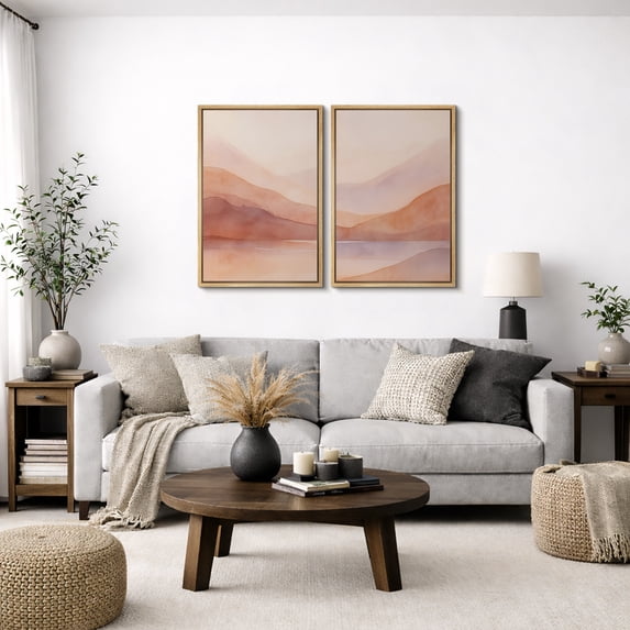 Framed Canvas Print Abstract Landscape Wall Art Set of 2 Pink Modern Decorative for Living Room Bedroom - 24"x36"x2 NATURAL