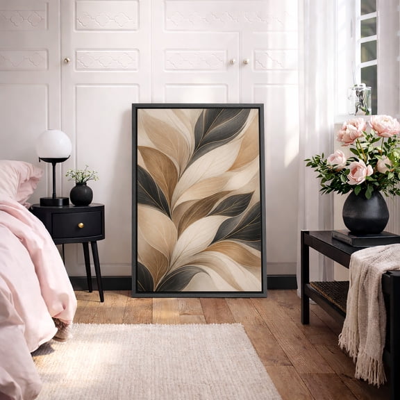 Framed Canvas Print Abstract Leaves Wall Art Modern Botanical Decorative for Living Room Bedroom - 16"x24" BLACK
