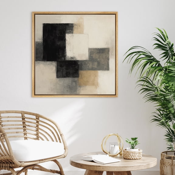 Framed Canvas Print Abstract Modern Wall Art Neutral Mid-Century Decorative for Living Room Bedroom - 24"x24" NATURAL