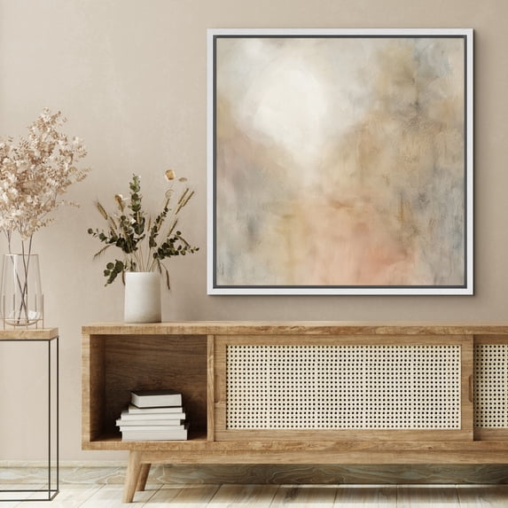 Framed Canvas Print Abstract Modern Wall Art Neutral Minimalist Decorative for Living Room Bedroom - 16"x16" WHITE