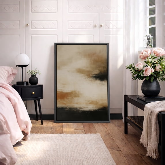 Framed Canvas Print Beige Black Abstract Wall Art Neutral Modern Decorative for Living Room Bedroom - 16"x24" BLACK