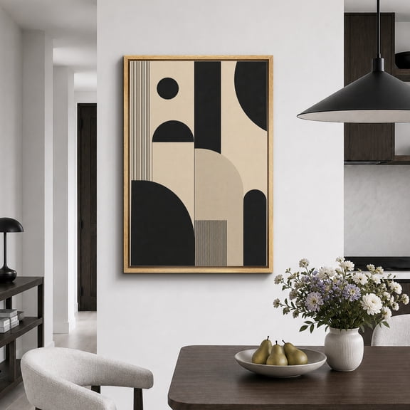 Framed Canvas Print Black Beige Geometric Wall Art Modern Artwork Decoration for Living Room Bedroom - 16"x24" NATURAL Frame