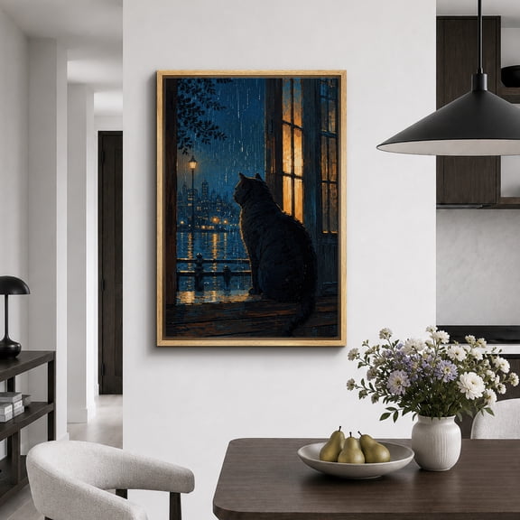 Framed Canvas Print Black Cat City Window Wall Art Animal Decorative for Living Room Bedroom - 16"x24" NATURAL Frame