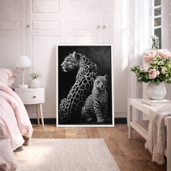 Framed Canvas Print Black and White Leopard Wall Art Dramatic Wildlife Animal Decorative for Living Room Bedroom - 24"x36" WHITE