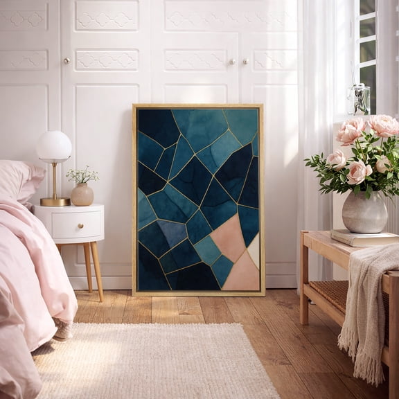 Framed Canvas Print Blue Geometric Abstract Wall Art Modern Luxury Marble Style Decorative for Living Room Bedroom - 24"x36" NATURAL