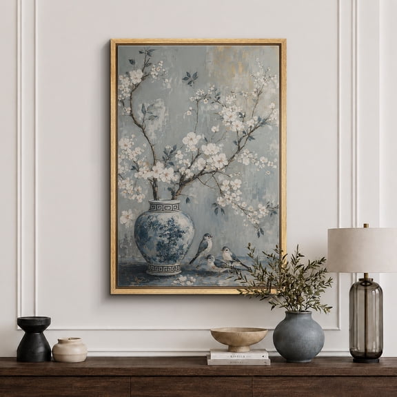 Framed Canvas Print Blue Vase Blossom Wall Art Floral Decorative for Living Room Bedroom - 16"x24" NATURAL Frame