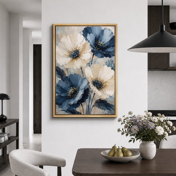 Framed Canvas Print Blue White Floral Wall Art Botanical Artwork Decoration for Living Room Bedroom - 16"x24" NATURAL Frame