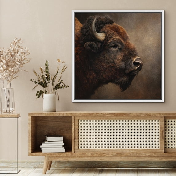 Framed Canvas Print Buffalo Wall Art Vintage Animal Decorative for Living Room Bedroom - 24"x24" WHITE