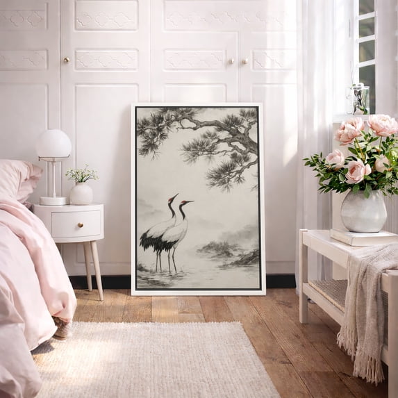 Framed Canvas Print Chinese Crane Wall Art Elegant Oriental Bird Nature Decorative for Living Room Bedroom - 16"x24" WHITE