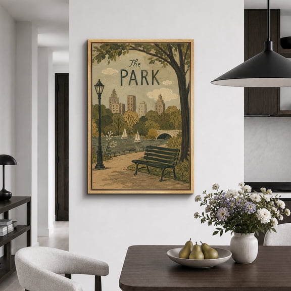 Framed Canvas Print City Park Landscape Wall Art Urban Artwork Decoration for Living Room Bedroom - 16"x24" NATURAL Frame