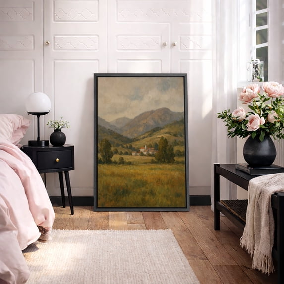 Framed Canvas Print Country Meadow Wall Art Vintage Decorative for Living Room Bedroom - 24"x36" BLACK