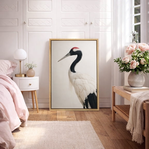 Framed Canvas Print Crane Bird Wall Art Minimalist Modern Decorative for Living Room Bedroom - 24"x36" NATURAL