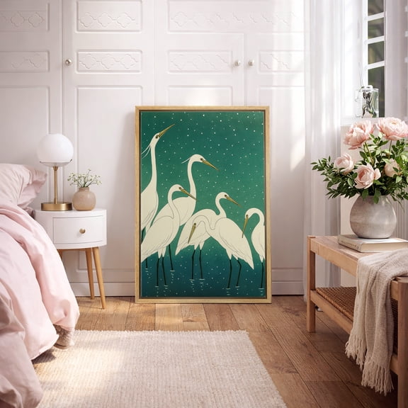 Framed Canvas Print Crane Wall Art Vintage Zen Japandi Decorative for Living Room Bedroom - 24"x36" NATURAL