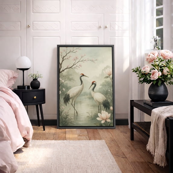 Framed Canvas Print Crane Wall Art Zen Bird Decorative for Living Room Bedroom - 16"x24" BLACK
