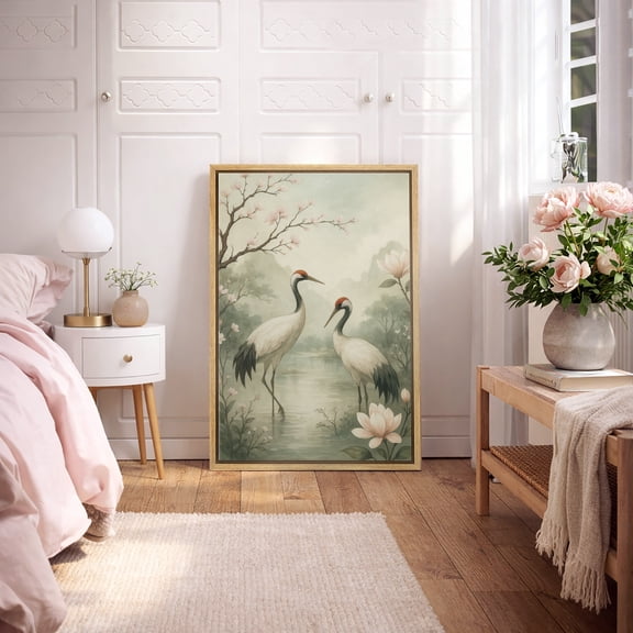Framed Canvas Print Crane Wall Art Zen Bird Decorative for Living Room Bedroom - 24"x36" NATURAL