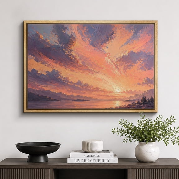Framed Canvas Print Dramatic Sunset Sky Wall Art Seascape Artwork Decoration for Living Room Bedroom - 16"x24" NATURAL Frame