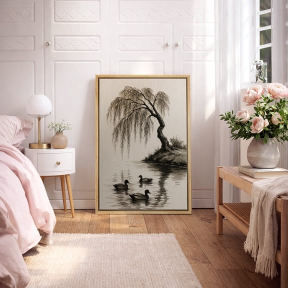 Framed Canvas Print Duck Wall Art Vintage Landscape Decorative for Living Room Bedroom - 24"x36" NATURAL